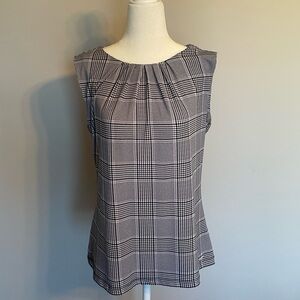 Calvin Klein Black and White Plaid Sleeveless Pleat-Neck Shell